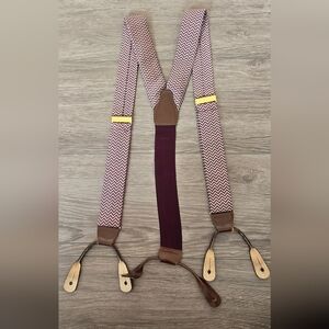 Solid Brass USA Vintage Braces Suspenders Red Chevron Herringbone Button
